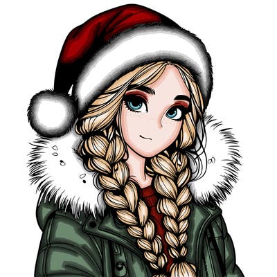 realistic girl with braids and santa hat and santa coat
