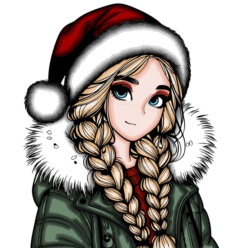 realistic girl with braids and santa hat and santa coat