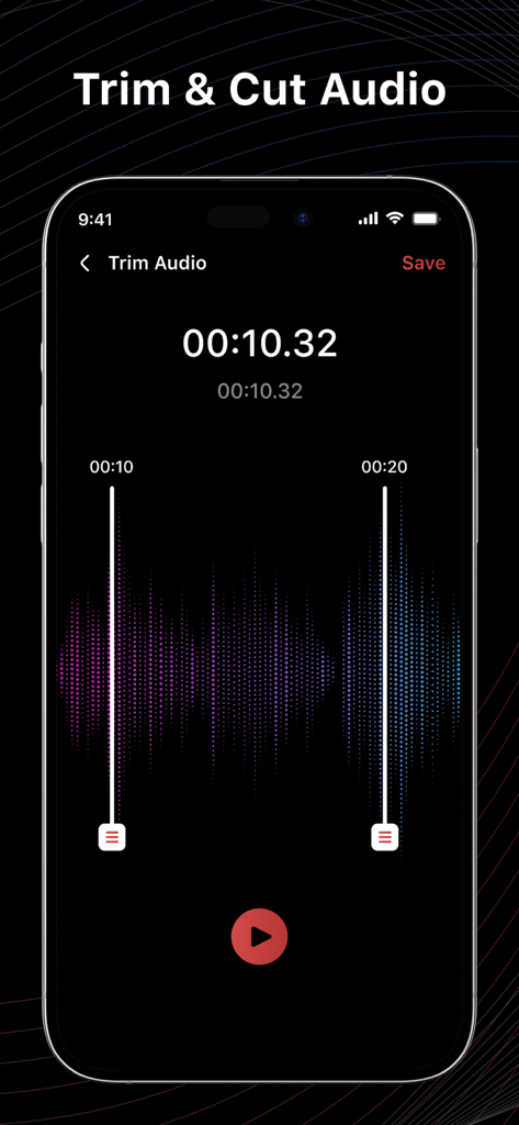 Voice Recorder : Voice Memos - La pantalla de cortar y recortar audio de la app Grabadora de Voz, con una forma de onda y controles deslizantes de edición