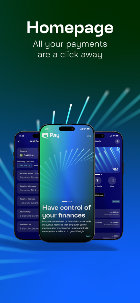 Mobily Pay app interface showing homepage international money transfer settings and digital Visa card