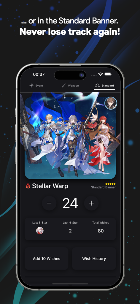 HSR WishCounter - Honkai Star Rail wish counter app showing the stellar warp banner interface with pull statistics