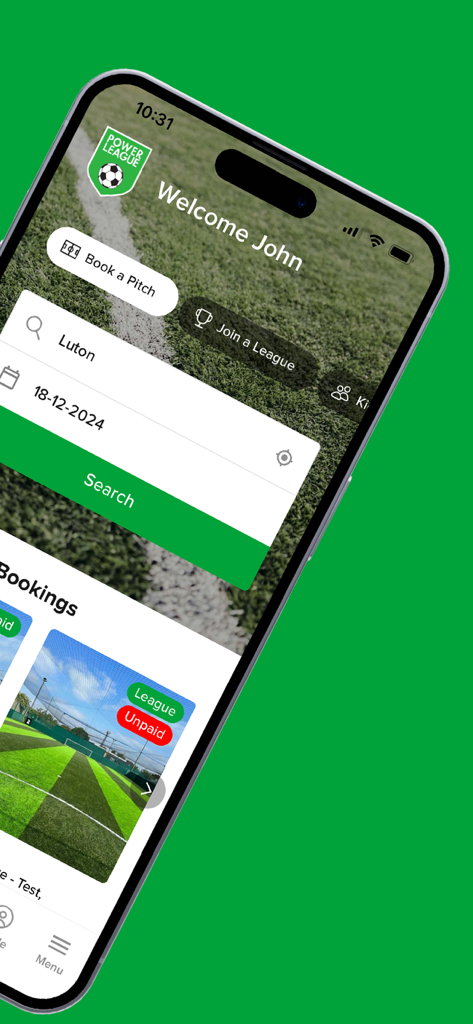 Powerleague - Home of 5-a-side - Powerleague mobile app home screen for booking soccer pitches and joining leagues