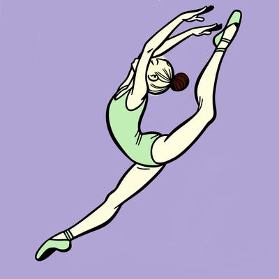 gymnast doing a leap in a leotard with a bent back leg