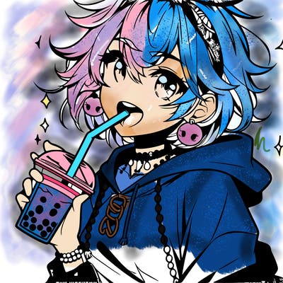 hot baddie anime girl drinking boba and biting the straw