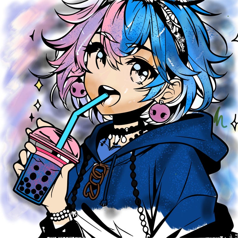 hot baddie anime girl drinking boba and biting the straw