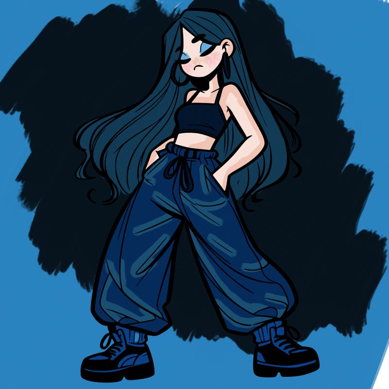 girl in baggy pants crop top and long hair