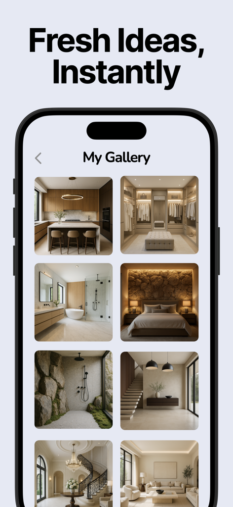 주방, 침실, 욕실을 위한 다양한 현대적인 인테리어 디자인 아이디어가 있는 Remodel AI의 내 갤러리 섹션을 보여주는 모바일 화면