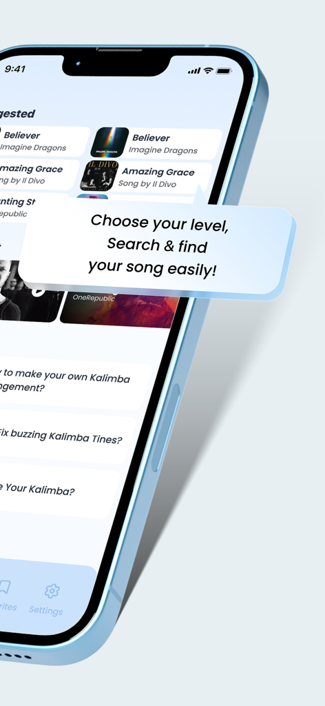Kalimba Lessons: Learn & Play - Kalimba Lessons app interface on iPhone showing song suggestions and level search feature