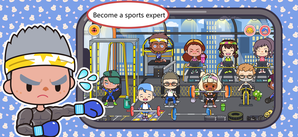 Miga Town: My World - Cartoon characters exercising and boxing in a colorful gym scene within the Miga Town My World app.