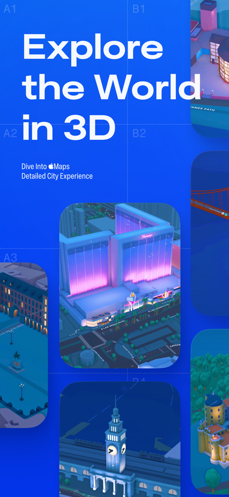랜드마크 앱의 3D 건축 랜드마크 및 도시 모델 시각적 쇼케이스