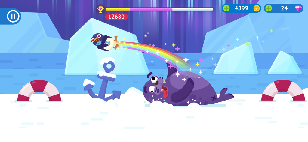 A penguin flying with a rainbow trail over a walrus in an icy arctic landscape.