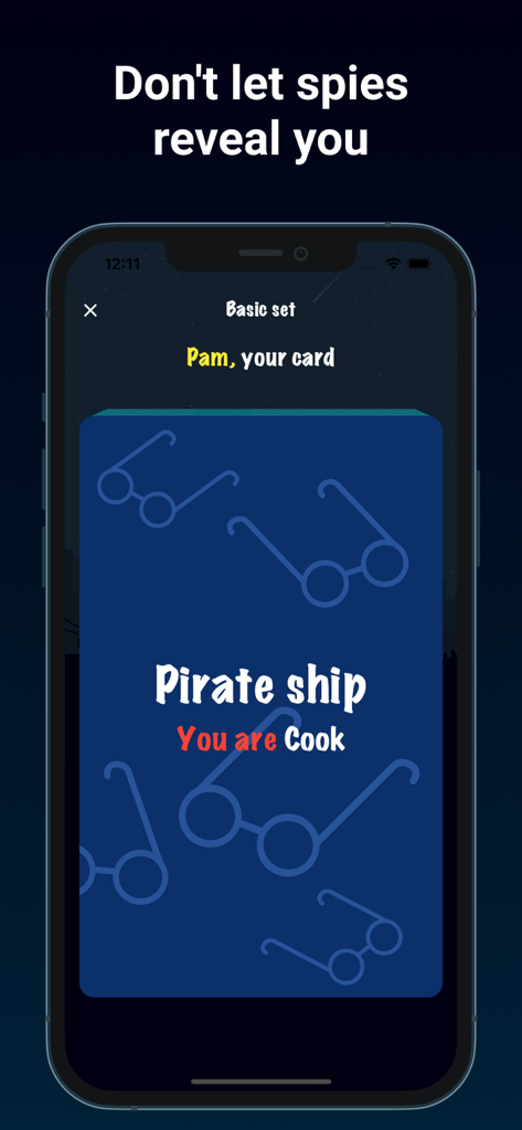 Spy - the game for a company - A mobile screen showing a player card in the Spy app with the role Cook on a Pirate ship.