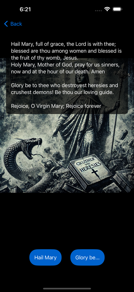 Little Crown of Mary - A prayer screen from the Little Crown of Mary app displaying the Hail Mary text over a traditional illustration of the Virgin Mary.