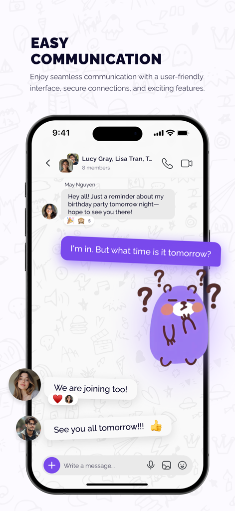 Uhm: Chat & Video - Un smartphone mostrando la interfaz de chat grupal de la aplicación Uhm con mensajes, reacciones y una pegatina de oso morado.
