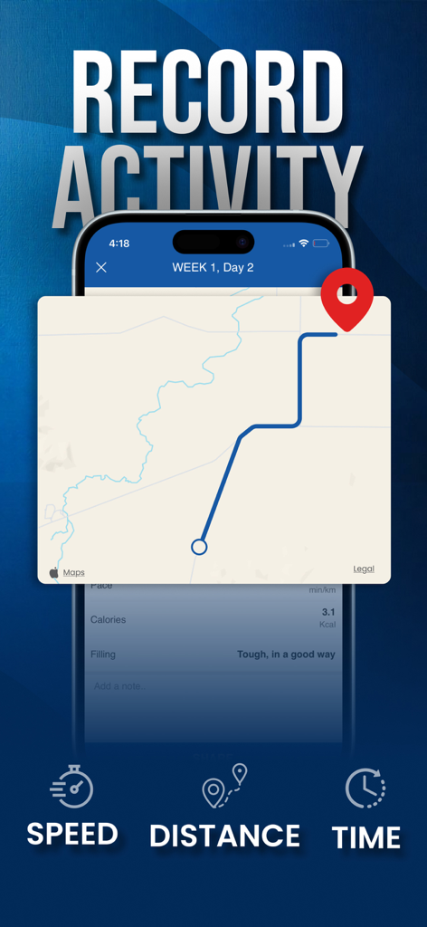 A running app interface displaying a GPS map route with icons for tracking speed distance and time