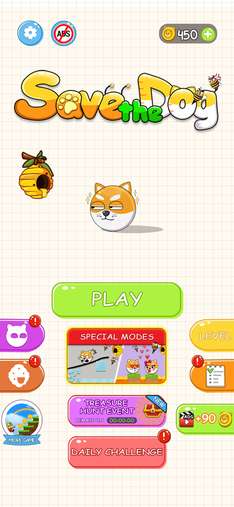 Save The Doge: Rescue Dog Game - Main menu screen of Save The Doge game featuring a cartoon Shiba Inu character and game modes