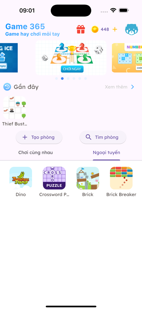 Game 365 - Home screen of Game 365 mobile app showing various mini-games and featured board game activities