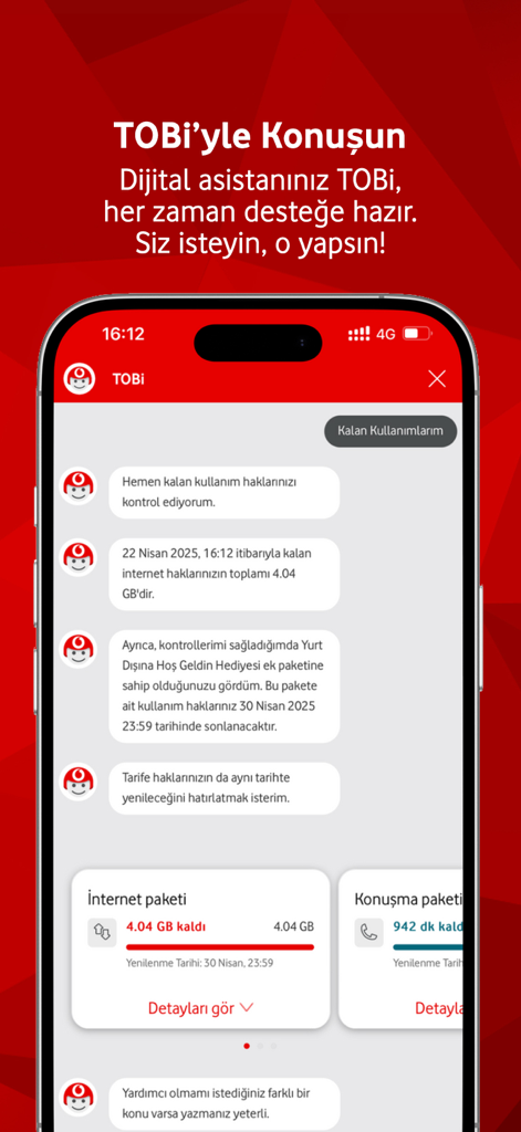 Smartphone screen showing the TOBi digital assistant chat interface within the Vodafone Yanimda app displaying data usage info.