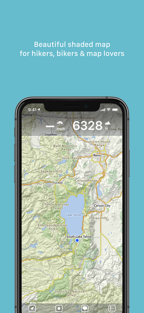Detailed shaded topographical map on the MapOut app showing the Lake Tahoe area for hikers and bikers.