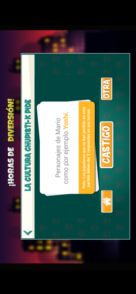 Cultura Chupistica Fiesta 2 gameplay screen showing a Mario characters category card and challenge.