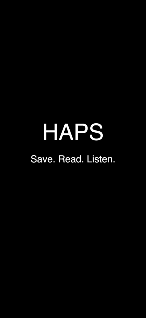 Tela de apresentação do aplicativo Haps com o texto Salvar Ler Ouvir