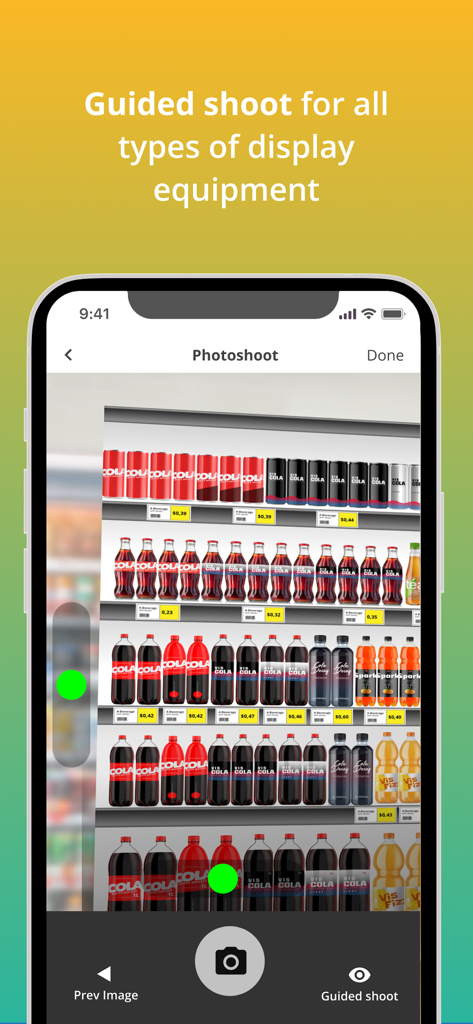 Vispera Shark app interface showing a guided photoshoot of retail beverage shelves with green capture indicators for AI analysis.