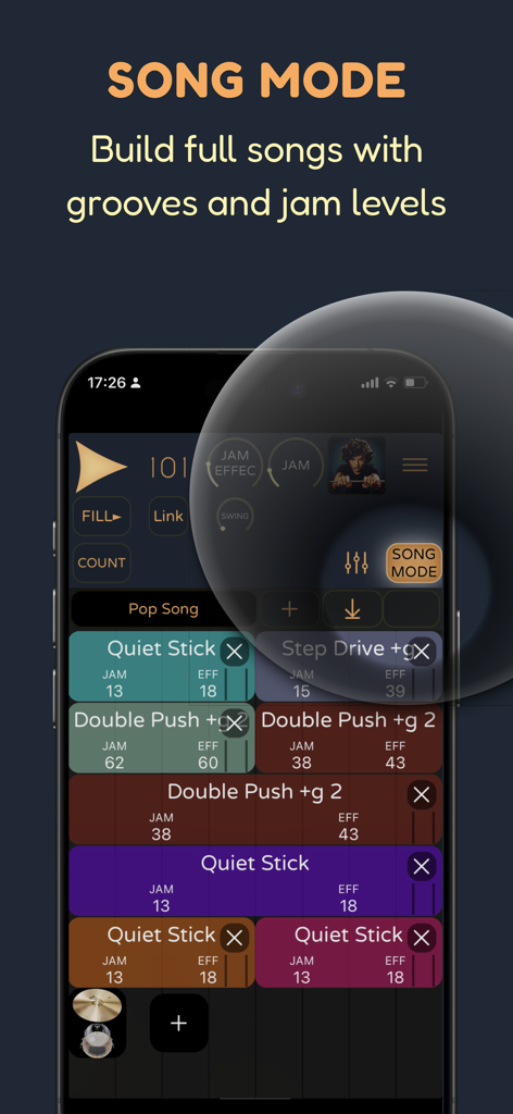 Pop Drummer -Real Drum Machine - Pop Drummer app Song Mode interface showing a sequence of acoustic drum grooves and jam levels