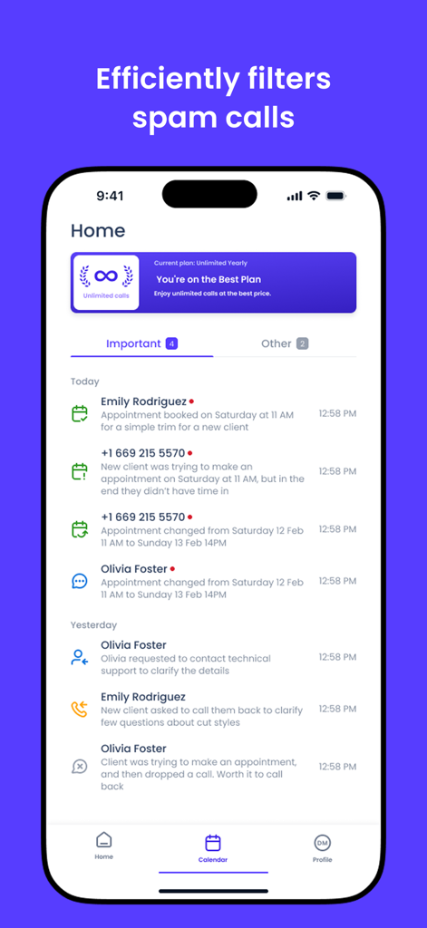 Voctiv app home screen showing a list of filtered calls and appointment summaries.