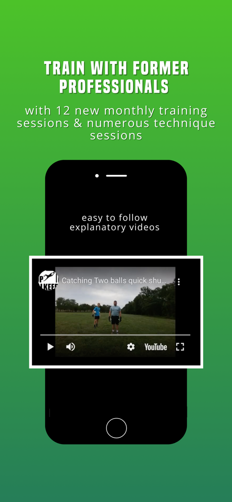 The Goalkeeper App - Die Torwart-App-Oberfläche, die erklärende Trainingsvideos und monatliche Fußball-Einheiten mit Profi-Trainern anzeigt
