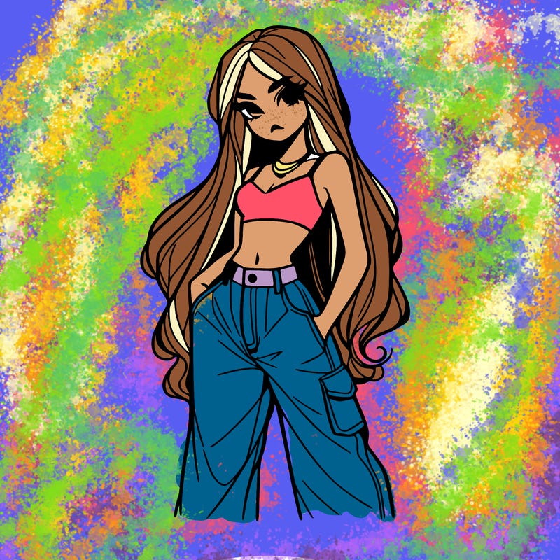 hot girl with long hair with baggy jeans and a crop top