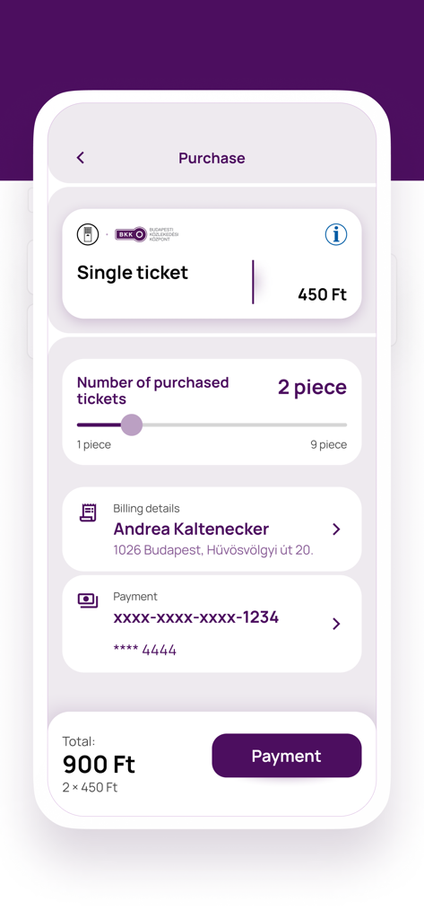 BudapestGO - Pantalla de compra de boletos de la aplicación móvil BudapestGO con selección de boleto sencillo y botón de pago