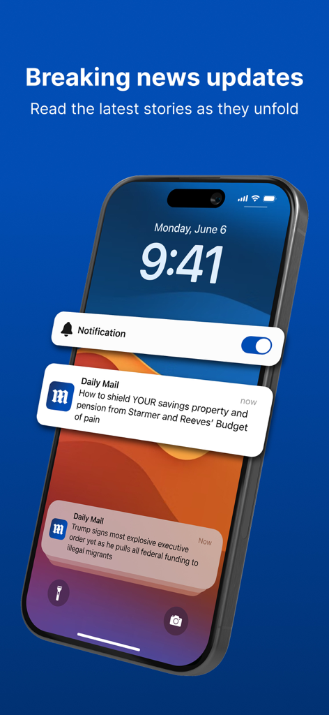 데일리 메일 속보 알림 및 업데이트를 활성화하는 토글을 표시하는 스마트폰 잠금 화면.