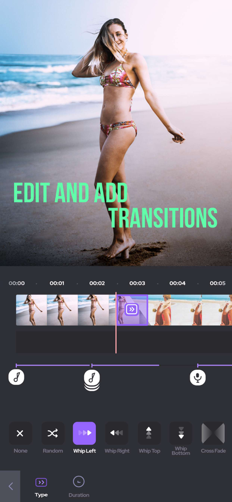 Écran de smartphone montrant l'interface d'édition vidéo avec une sélection de transitions comme Whip Left et Whip Right
