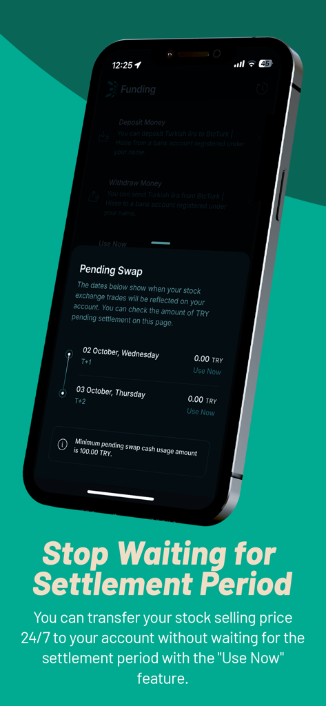 BtcTurk Hisse App-Oberfläche, die die Funktion 'Sofort verwenden' für die sofortige Aktienabwicklung zeigt