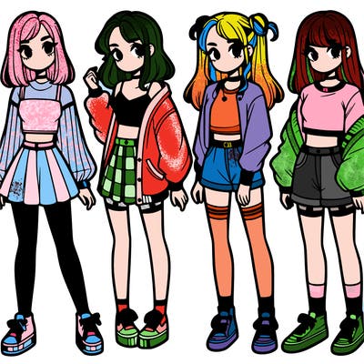 one girl with crop-top shirt and a jacket with a skirt, long socks and another girl with a shirt and pants with a jacket