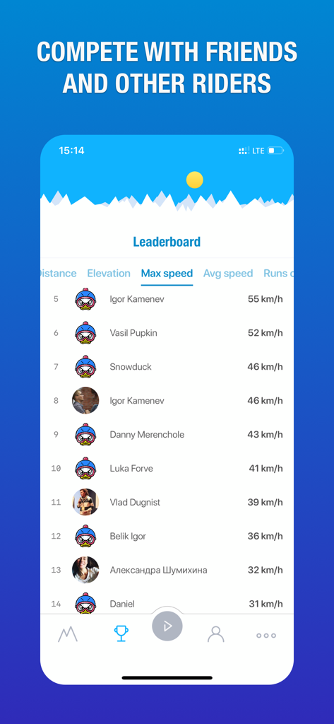 Ski & snowboard tracker - Écran du classement de l'application Snowduck montrant les classements de vitesse maximale parmi les skieurs