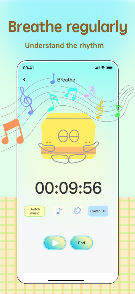 Insight Timer - Meditation - Breathing exercise interface with a countdown timer and Zen meditation character.