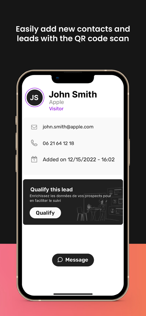 Mobile app screen showing contact details of a scanned event visitor with lead qualification options