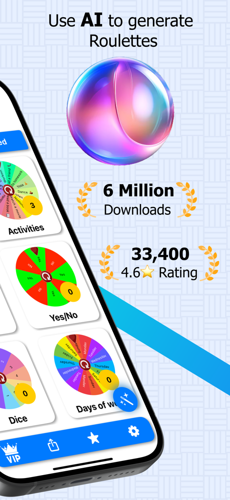 Roulette app interface showcasing AI generated decision wheels and social proof with ratings and download count