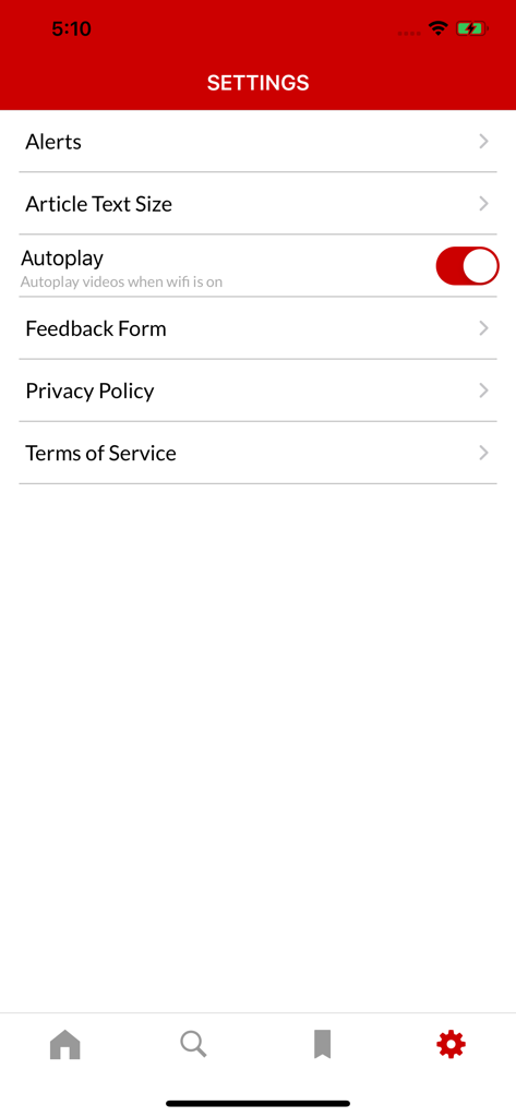 Menu des paramètres de l'application MyJoyOnline affichant les options pour les alertes, la taille du texte des articles et la lecture automatique