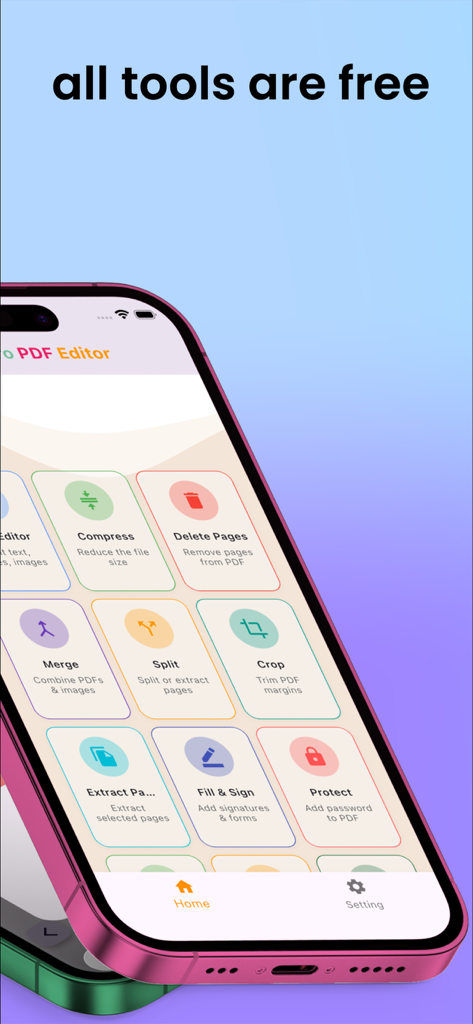 Sejda Pro PDF Editor - Pantalla de smartphone mostrando el panel de la aplicación Sejda Pro PDF Editor con varias herramientas gratuitas para gestionar archivos PDF