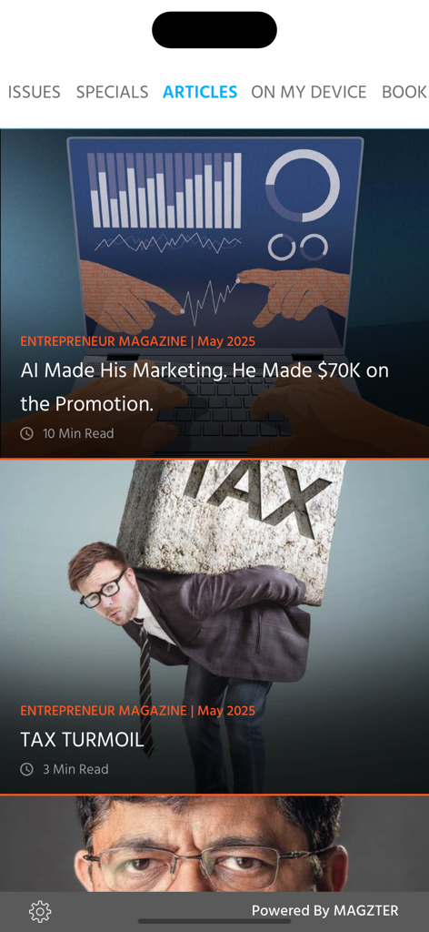 Entrepreneur magazine India - Articles section of the Entrepreneur magazine India app displaying business marketing and tax related headlines