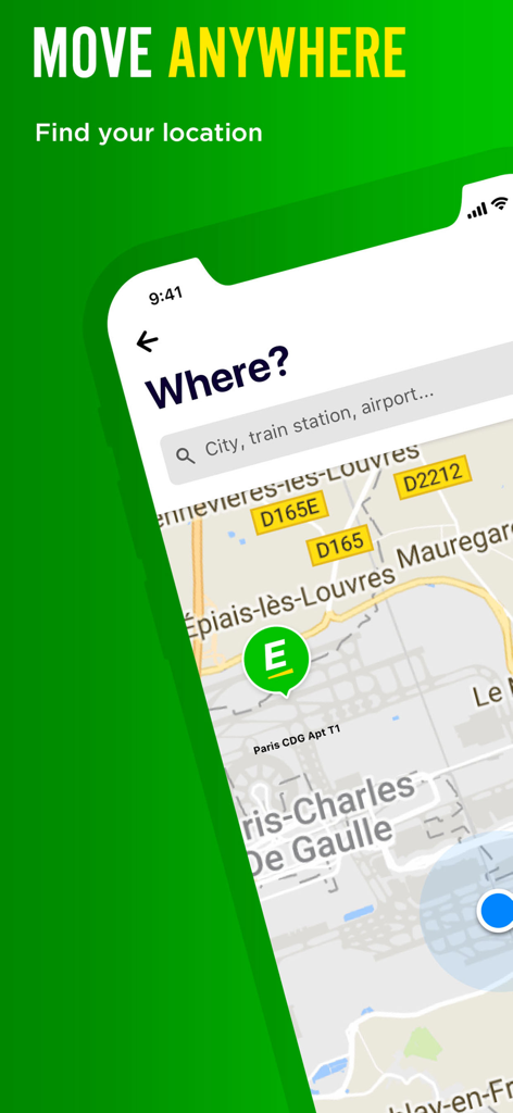 Interface da aplicação Europcar mostrando uma barra de pesquisa e um mapa para encontrar locais de aluguer de carros