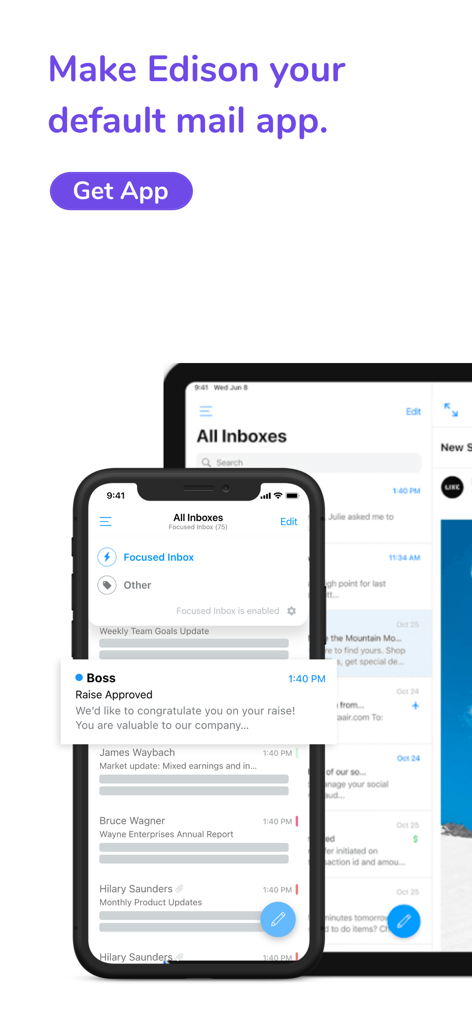 iPhone and iPad displaying the Edison Mail app interface with a Focused Inbox and message notification