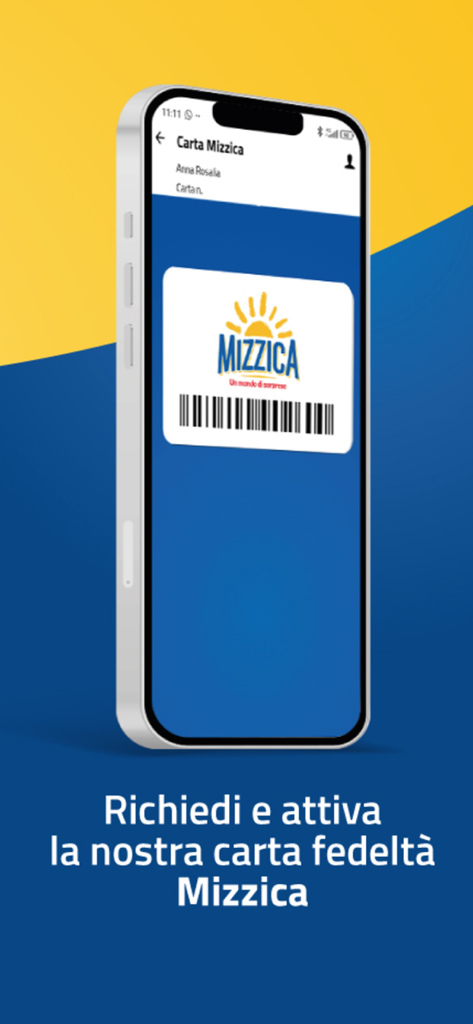 Mondo Mizzica - Schermata di uno smartphone che mostra la carta fedeltà digitale Mizzica con un codice a barre per i premi del supermercato
