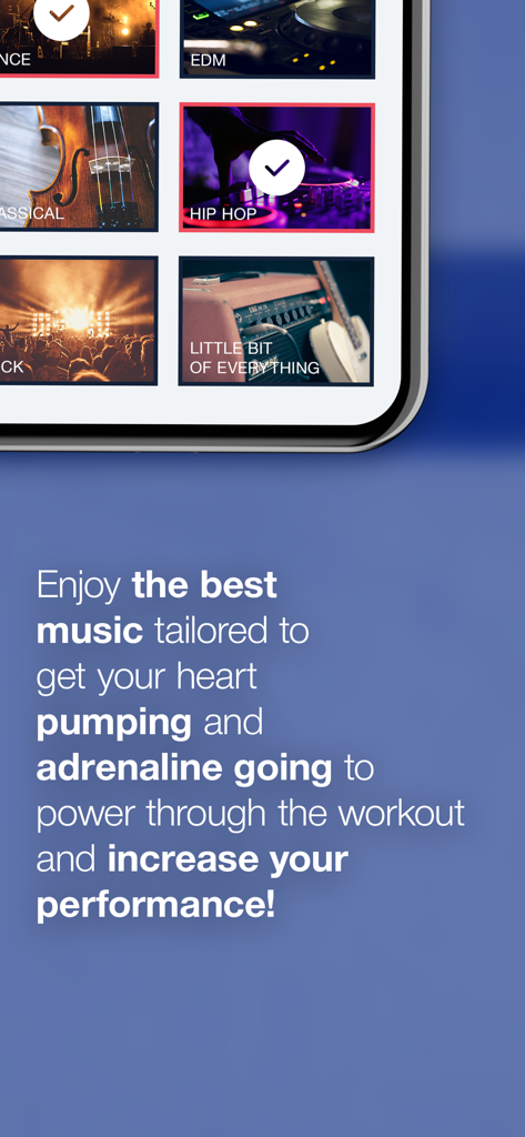 20 Pull Ups Trainer Challenge - 20 Pull Ups Trainerアプリの音楽選択画面。EDMやHip Hopのジャンルを表示