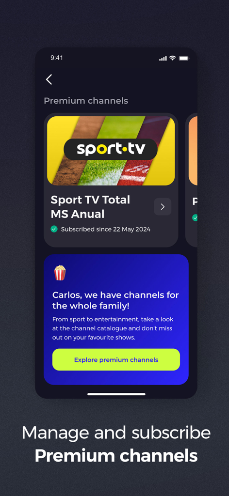 Schermata mobile dell'app my MEO che mostra abbonamenti a canali TV premium come Sport TV.