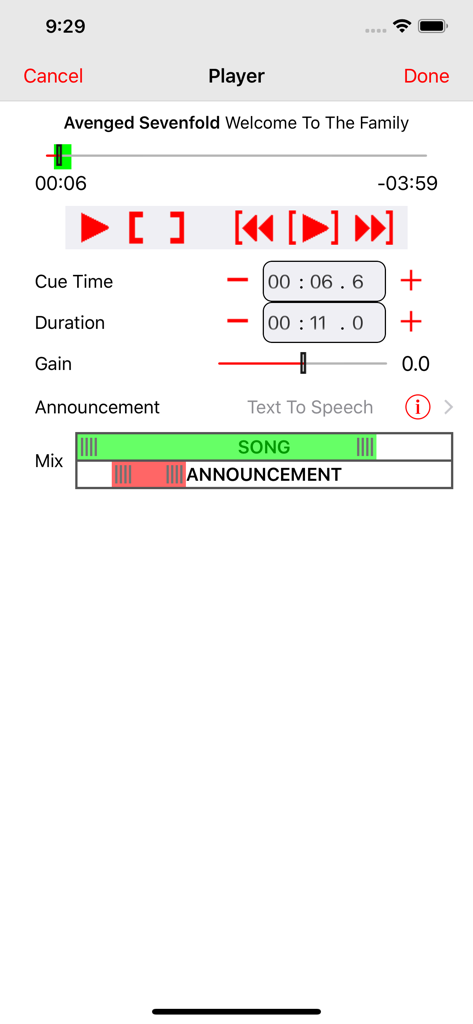 Walkout Song DJ - Interface of the Walkout Song DJ app showing the editor for adjusting song cue time duration and mixing with player announcements