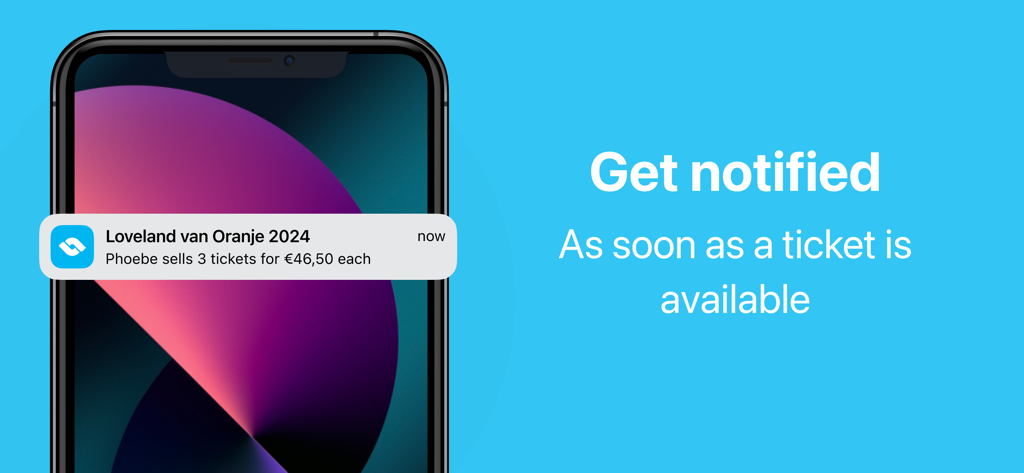 A smartphone screen displaying a TicketSwap notification for available event tickets