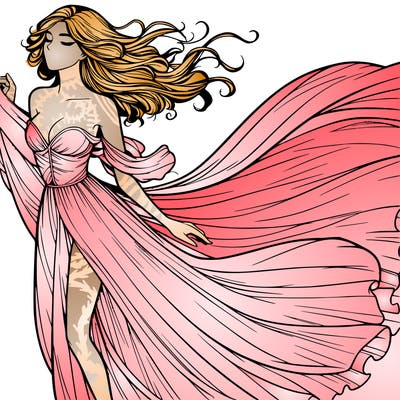 realistic woman in dress flowing the the wind